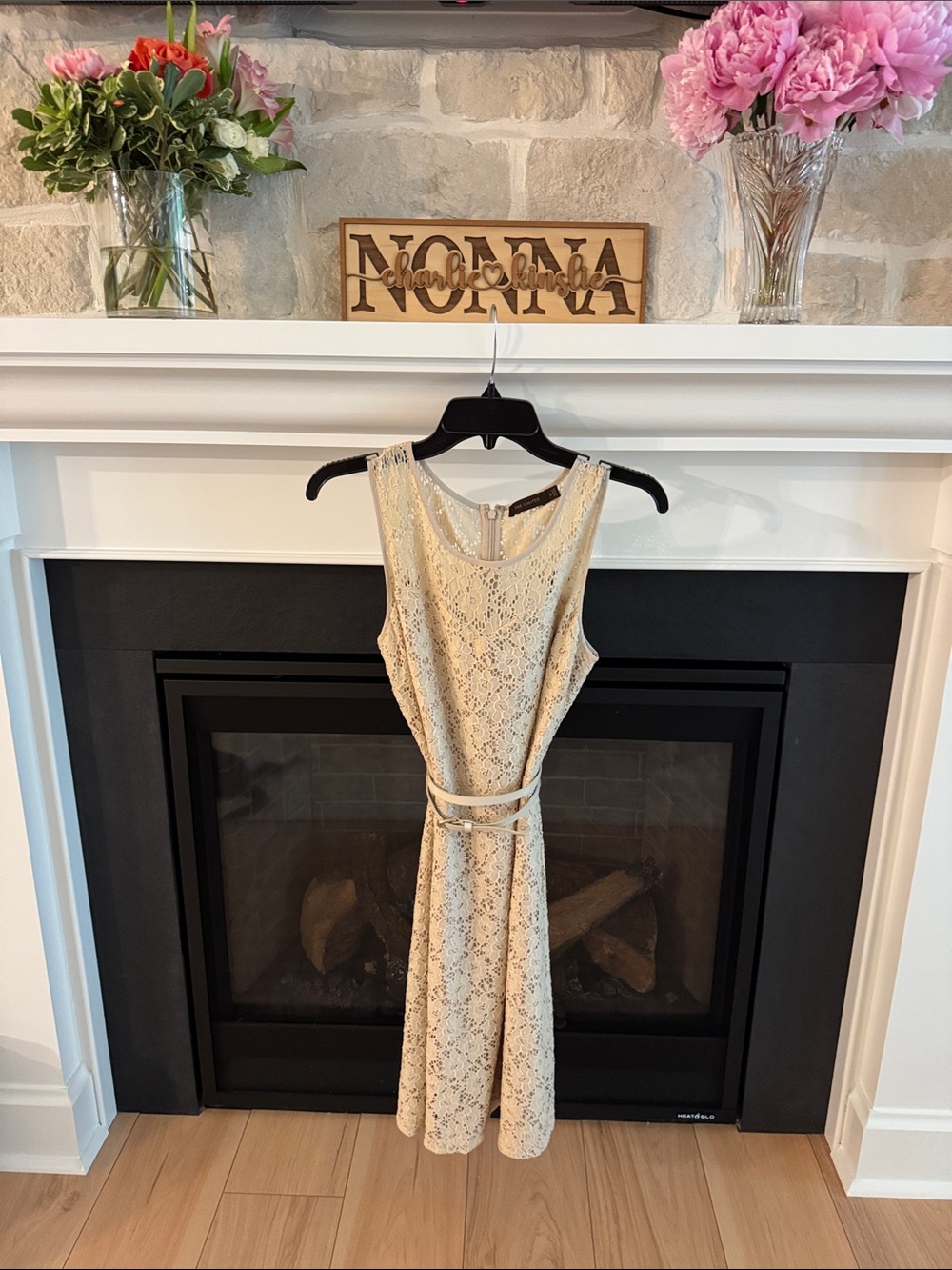 The Limited Cream Lace Belted Sleeveless Dress